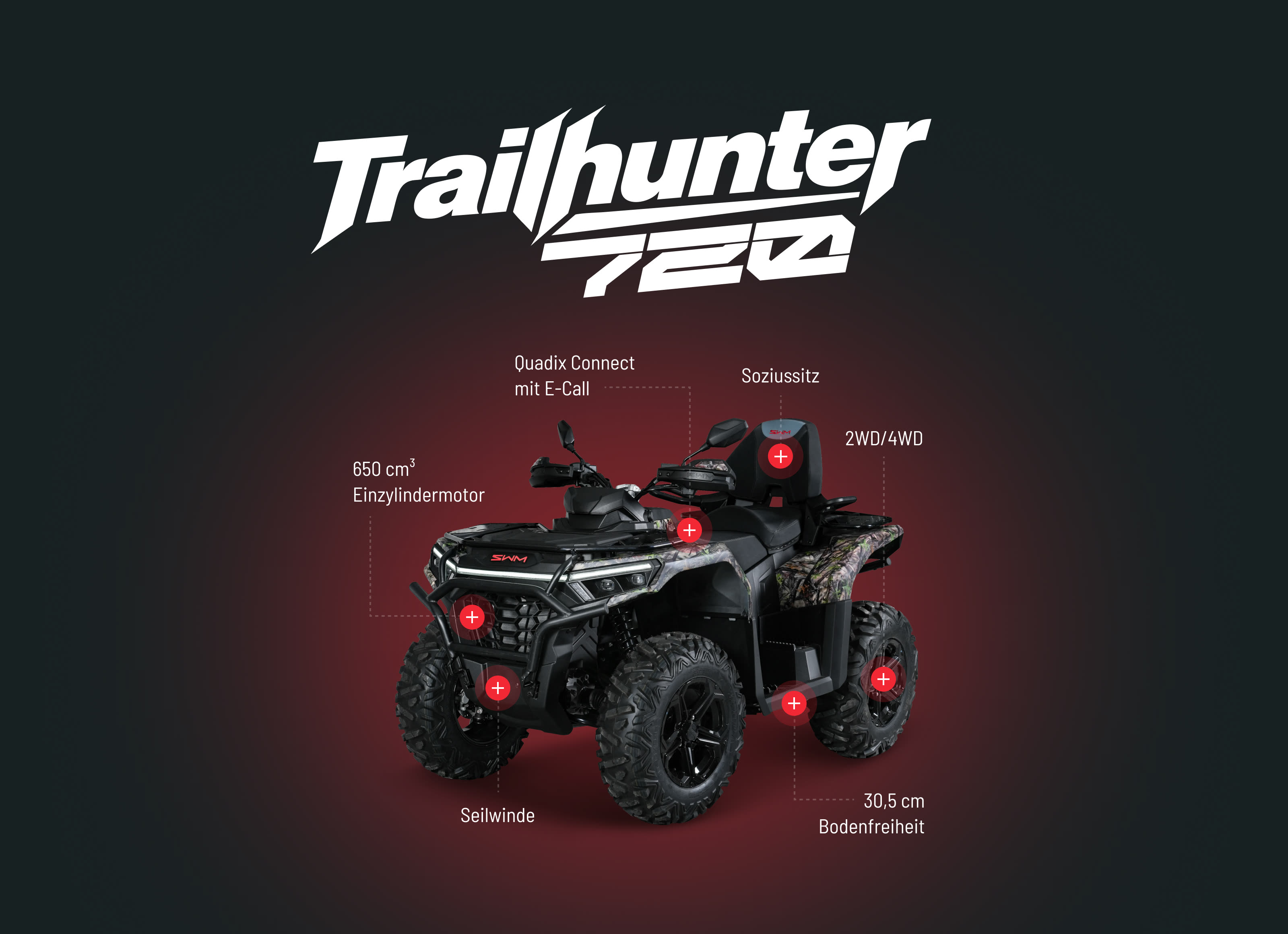 Trailhunter 720: 650 cm³ Einzylindermotor, Quadix Connect mit E-Call, Soziussitz, 2WD/4WD, Seilwinde, 30,5 cm Bodenfreiheit